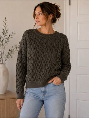 InWear Moss Green Pointelle Cable Knit Boxy Sweater – Cotton Blend | Size M L